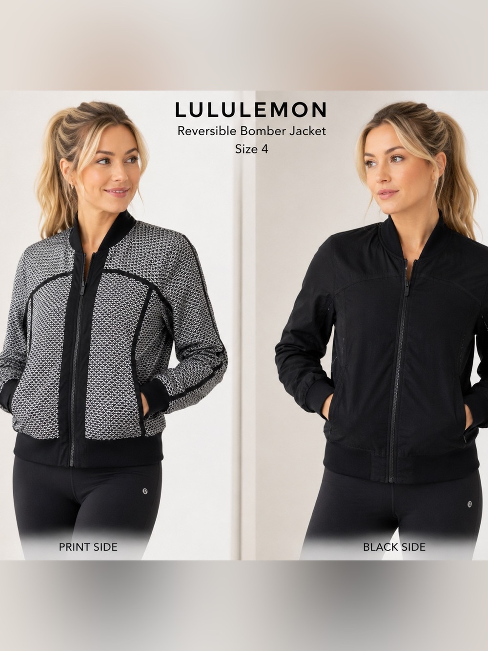 Lululemon Reversible Bomber Jacket Women’s Size 4 Black/White Print Zip Athletic